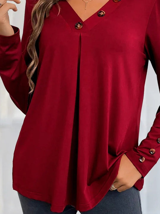Women Long Sleeve V-neck Solid Button Tops