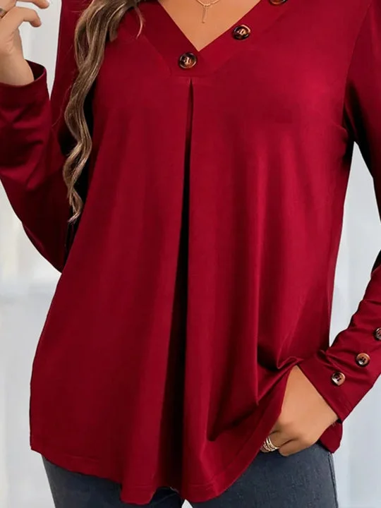 Women Long Sleeve V-neck Solid Button Tops