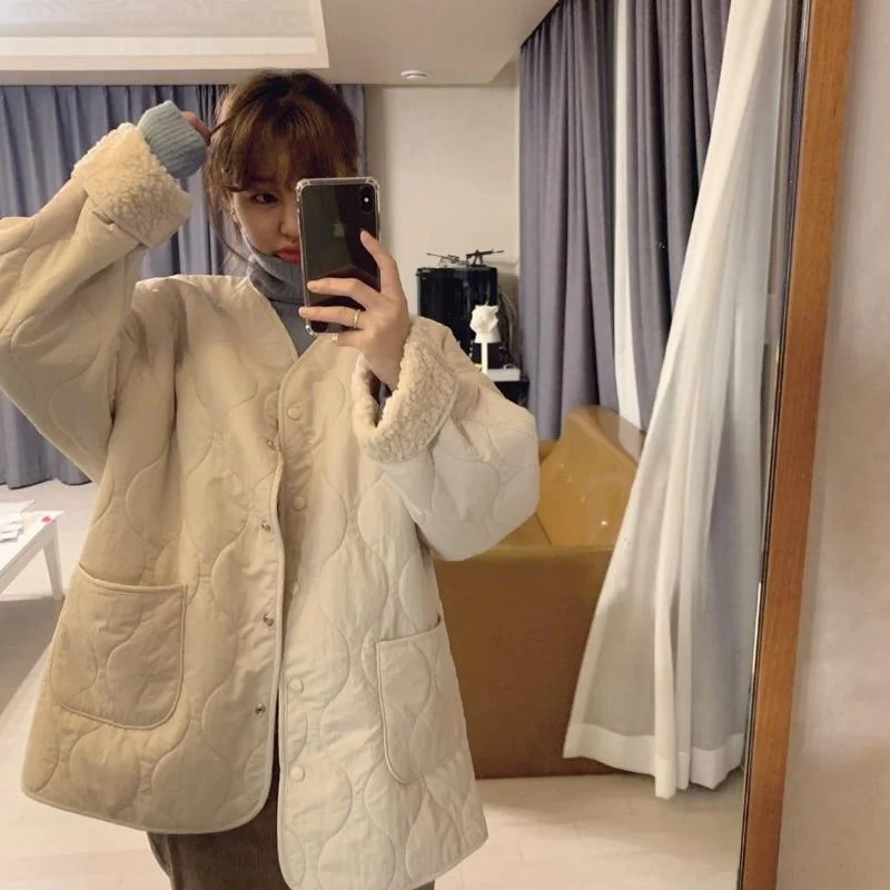 Lamb wool cotton jacket female spring and autumn new Korean version loose wild thick mid-length cotton jacket autumn and winter