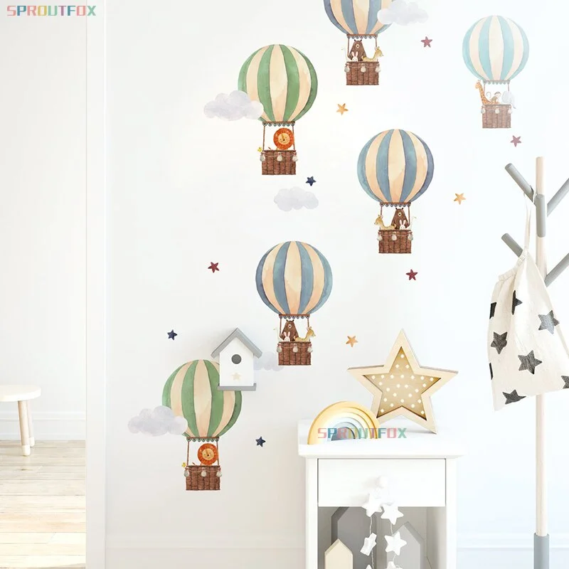 Cartoon Hot Air Balloon Wall Sticker for Baby Boys Room Living Room Brave Animals Lion Girafee Monkey Bear Nursery Kids Stickers