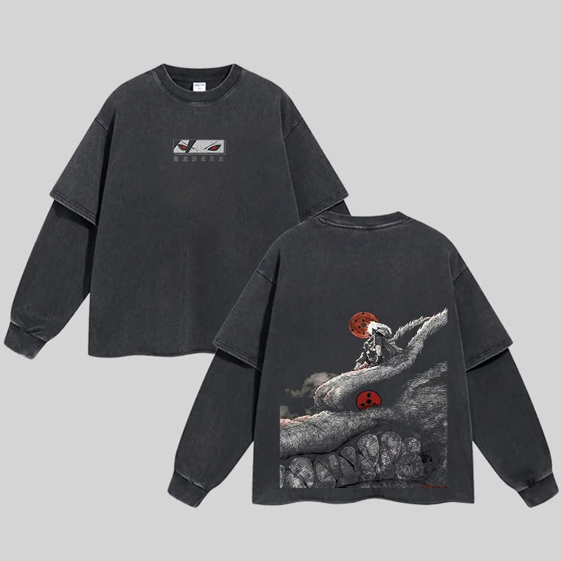 Retro Uchiha Madara X Naruto Anime Oversized Washed Long Sleeve T-Shirt