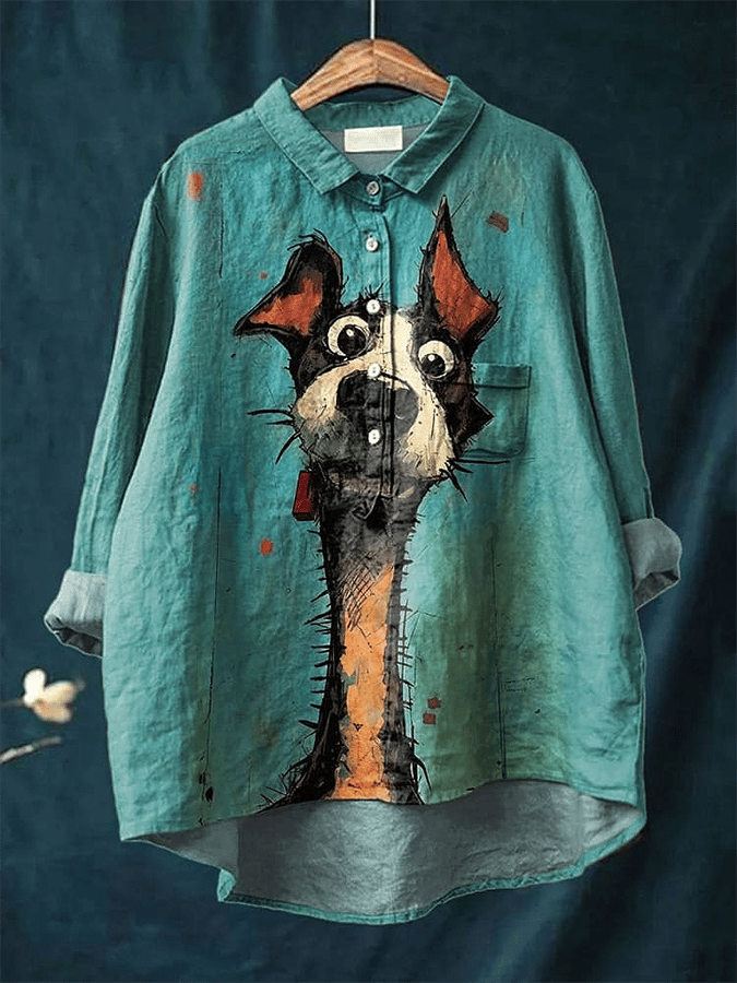 Womens Puppy Print Casual Cotton And Linen Shirt