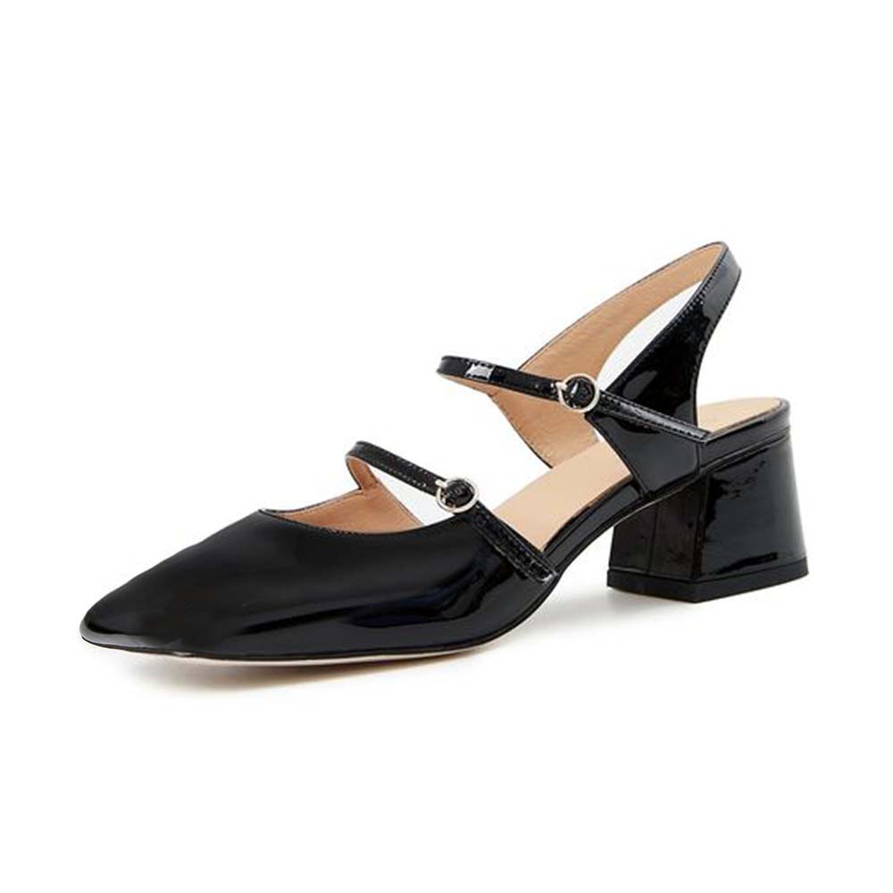 Black Patent Leather Pointed Toe Chunky Heel Ankle Strap Slingbacks Nicepairs