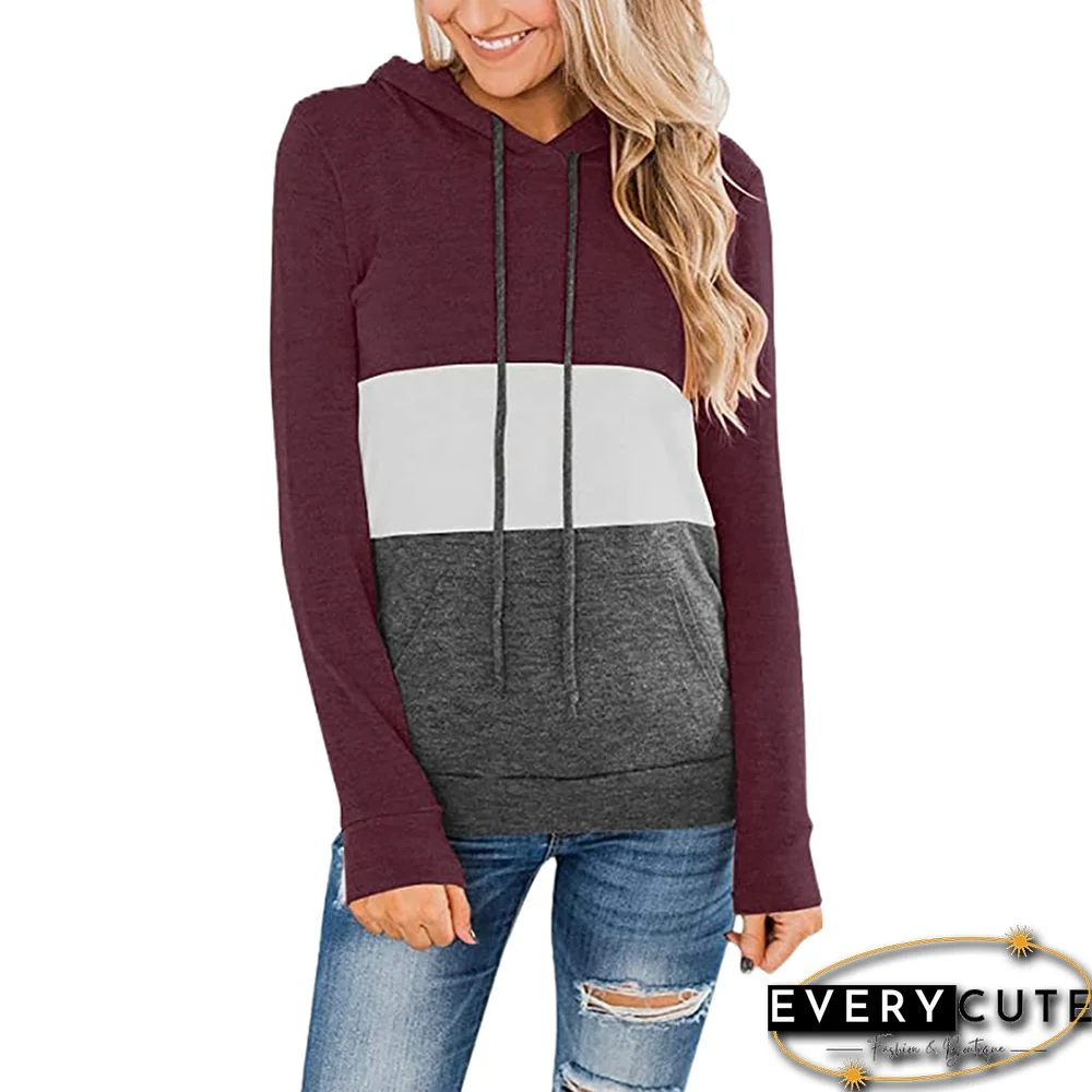 Wine Red Color Block Fleece Drawstring Hoodie