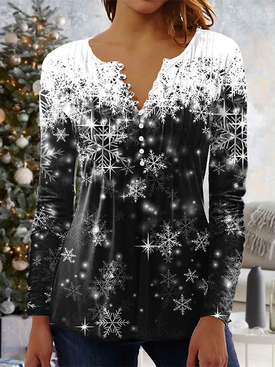 Women's Long Sleeve V-neck Graphic Buttons Christmas Top