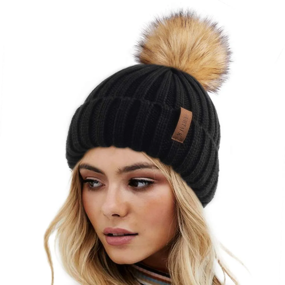 Winter Knitted Beanie Hat with Faux Fur Pom Warm Knit Skull Cap Beanie for Women