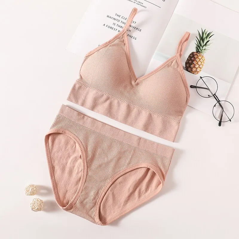 Women Bra Panties Set Seamless Bra Brief Cropped Cami Bralette Crop Top Brassieres Sexy Lingerie Active Bra Sport Underwear Set
