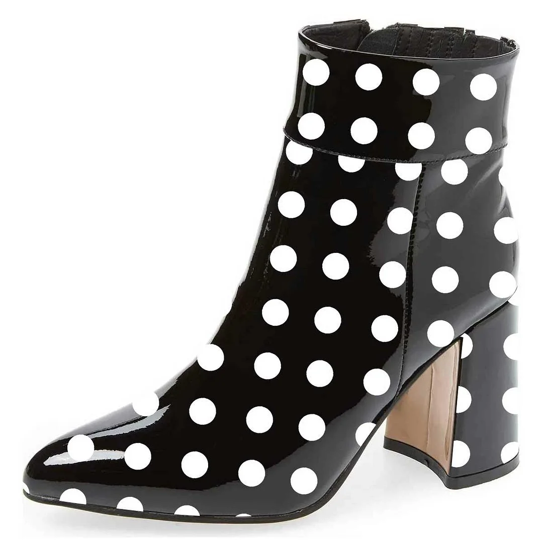 Pointed Toe Patent Leather Ankle Boots Polka dots Chunky Ankle Boots Nicepairs