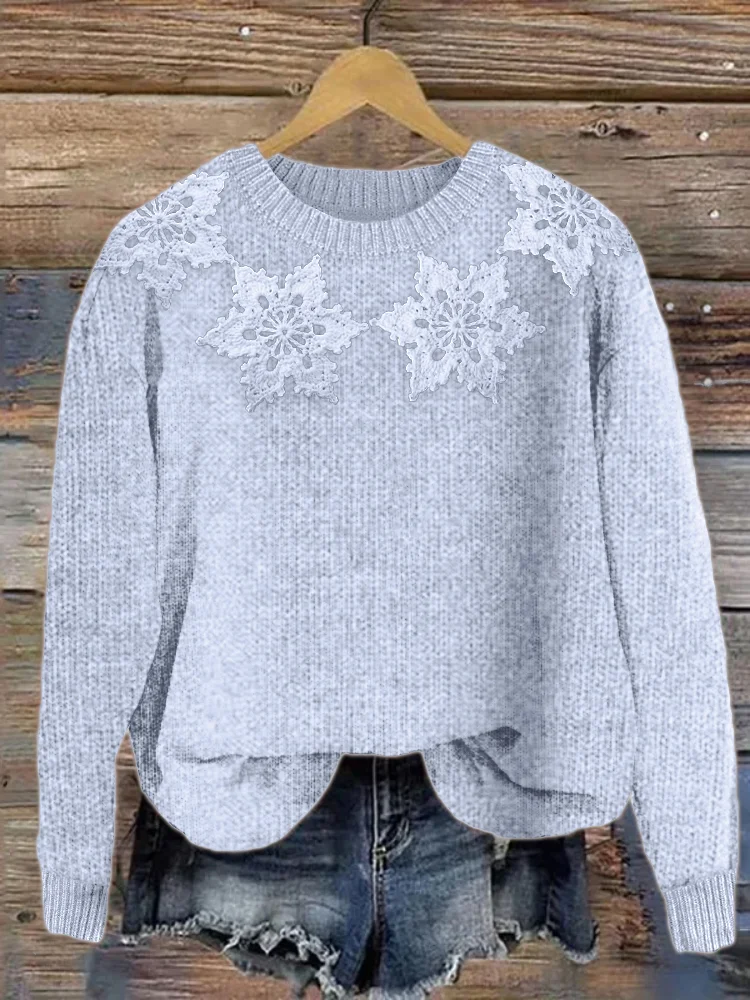 Classy Snowflakes Yoke Crochet Cozy Knit Sweater