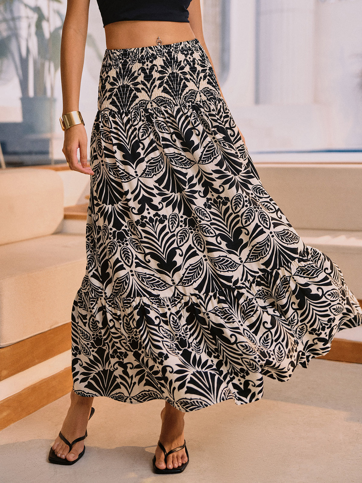 OLCooL Vintage Leaf Print Maxi Skirt olcool