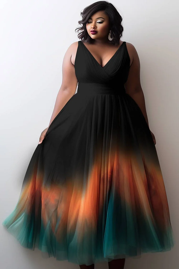 Xpluswear Design Plus Size Formal Elegant Black Gradient   V Neck Tulle Maxi Dresses 