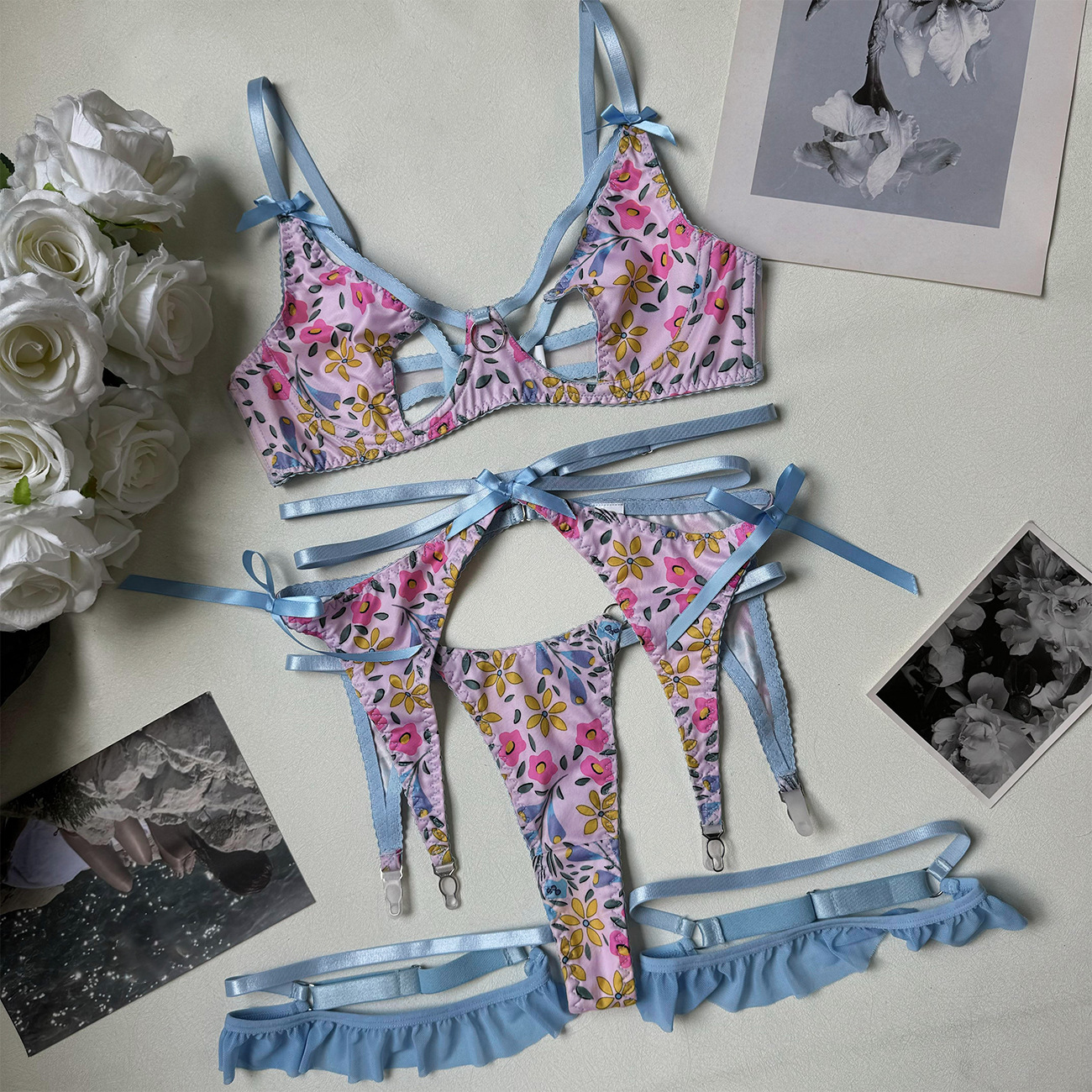 Lovingerie - Floral Print Sheer Lingerie Set