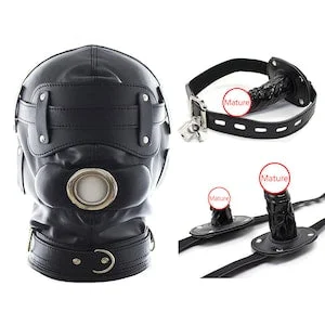 pornhint Pornhint Bondage Hood with Detachable Silicone Dildo Gag and Blindfold,Leather Slave Hood Two Sizes Penis Gag,BDSM Sensory Deprivation Kinky Sex Toys