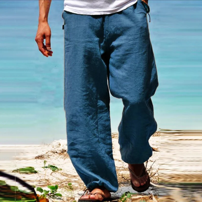 Men's Linen Elastic Waist Breathable Elastic Foot Casual Pants、、URBENIE