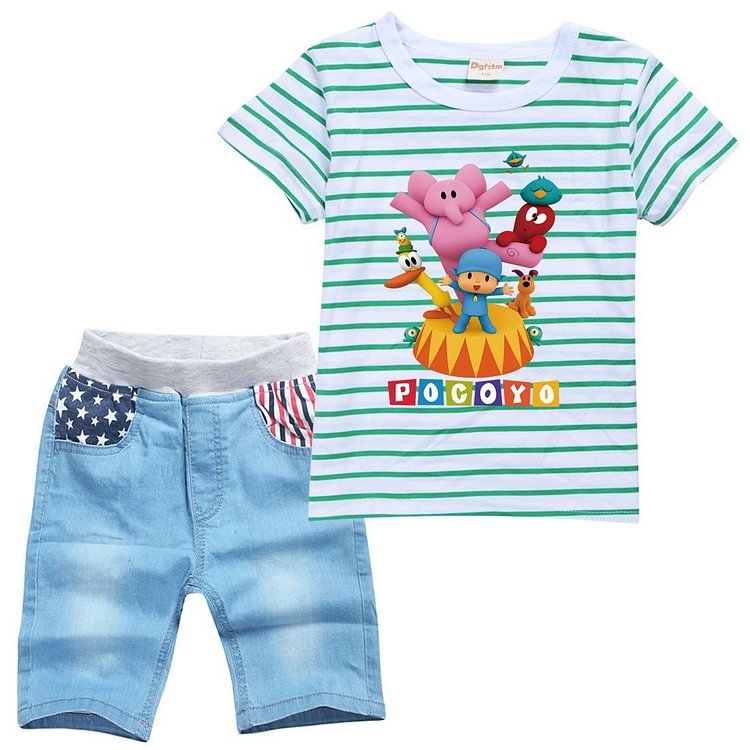 Girls Elly Pato Pulpo Print Boys Striped T Shirt Denim Shorts Suit-Mayoulove