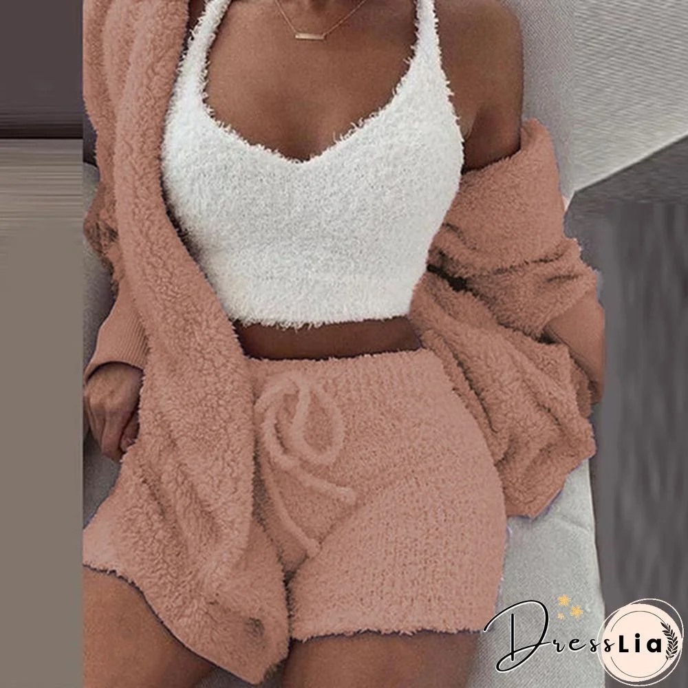Women Fashion Winter Plush Casual Sportswear Long Sleeve Crop Top Shirt Shorts Suit(1pc Vest or 2pcs Coat+Pants or 3pcs Vest+Coat+Pants)