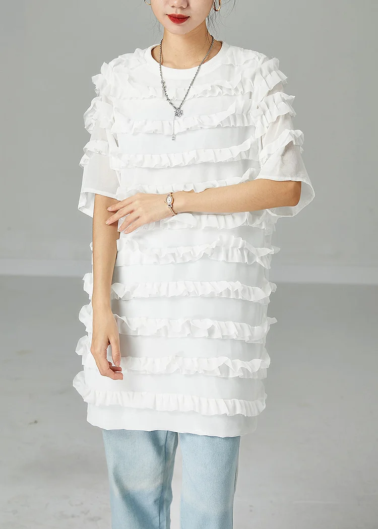Fitted White O-Neck Patchwork Ruffled Chiffon Dress Summer