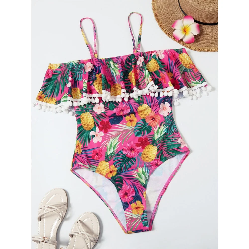 2020 One Piece Swimsuit Swimwear Women Print Ruffle Swimsuit Bodysuit Monokini Female Padded Bathing Suits Beach Wear Summer