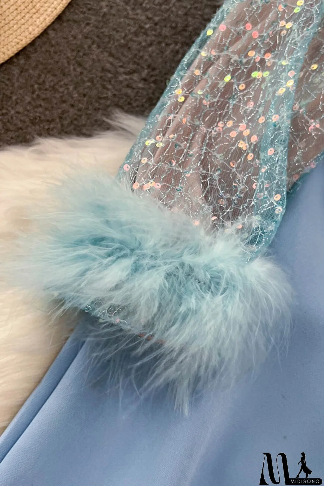 MidiSono - Fuzzy Sleeves Glitter Patchwork Jumpsuits