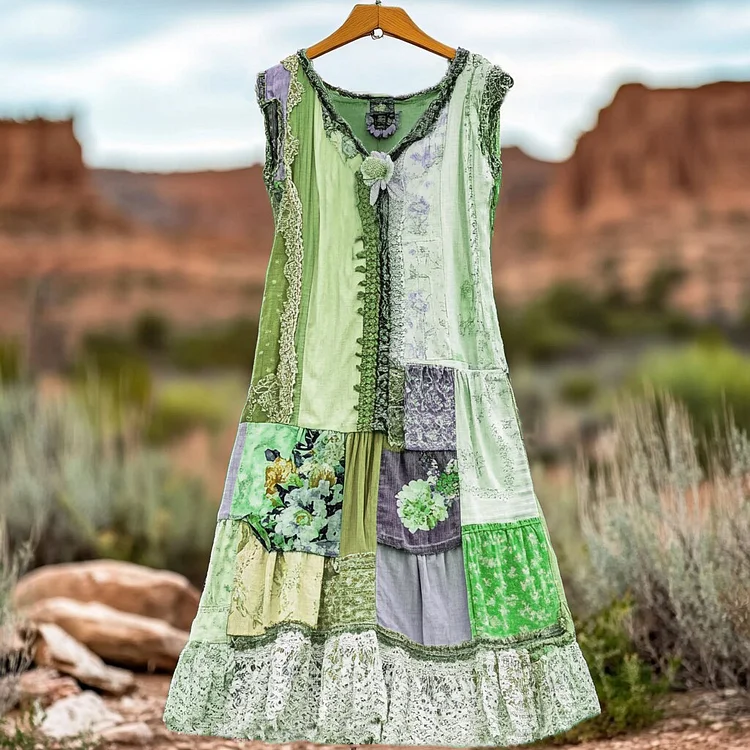 VChics Women's Vintage Floral Lace Patch Comfort Dress