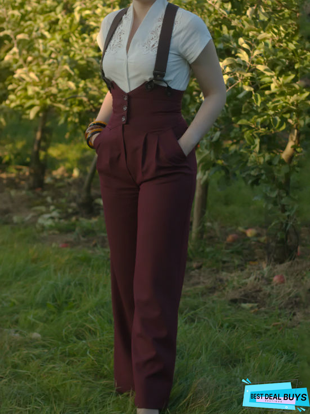 Wine Red Vintage Plain Cotton-Blend Pants