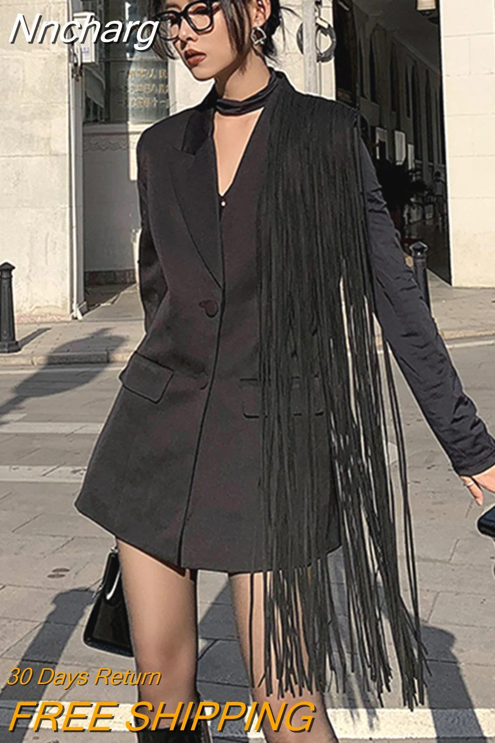 Nncharge Korean Fashion Black Patchwork Tassels Blazer For Women Notched Collar Long Sleeve Solid Blazers Female Spring 2023