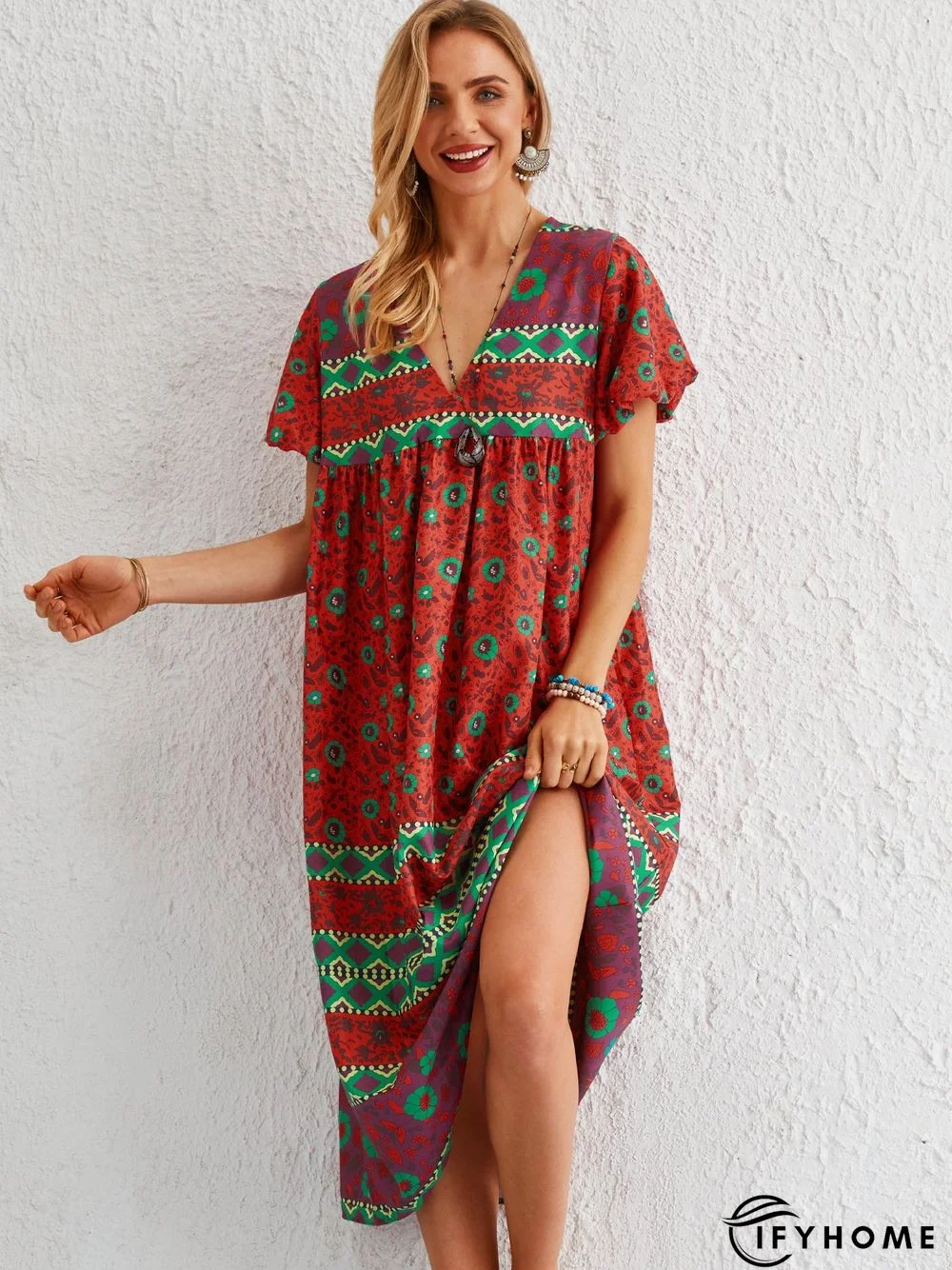 Bohemian casual vacation short sleeve V-neck dress | IFYHOME