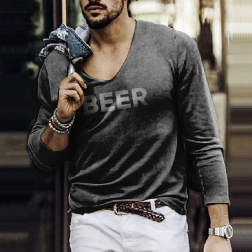 Men's Beer Simple Print V-Neck Cotton Casual T-Shirt
