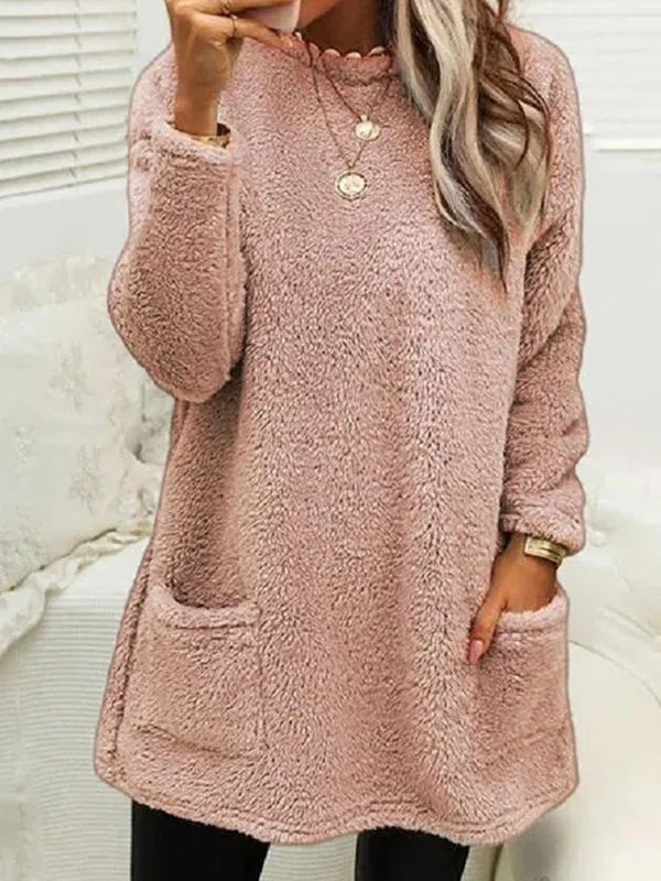 Casual Long Sleeves Roomy Pure Color Round-Neck T-Shirts Tops
