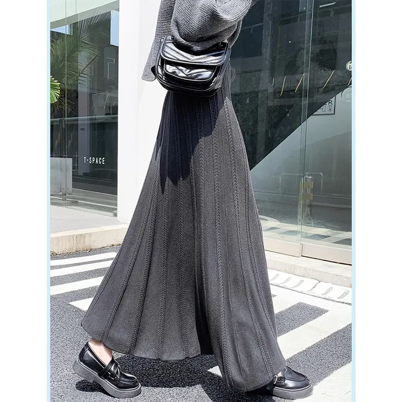 Churchf Churchf And Winter New Casual Wool Big Place Skirt Thread Thickened Tall Waist A-Word Skirt Black Skirt Female Knit Skirt