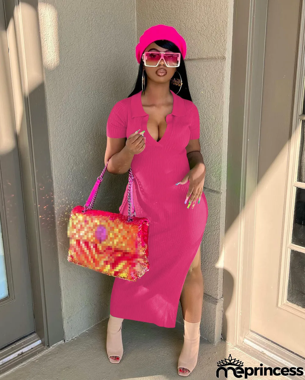 Solid Ribbed Short Sleeve High Split Midi Dress