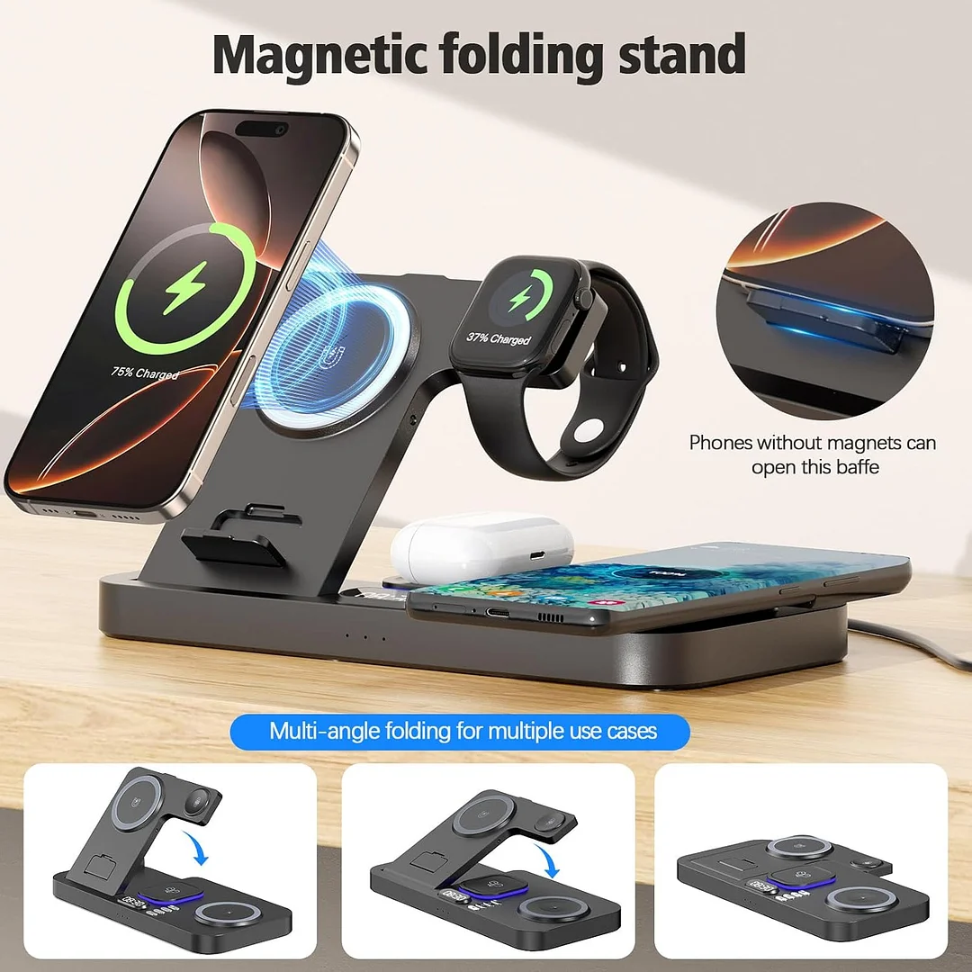 6 in 1 wireless charger, wireless charger with clock and 7 colors night light