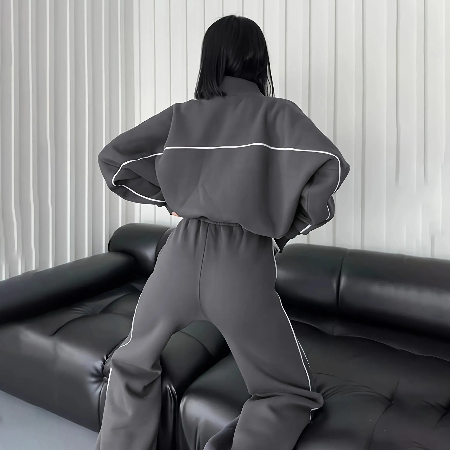 Casual Set Long Sleeve Half High Neck Cardigan Sweatshirt Lace Up Striped Pants