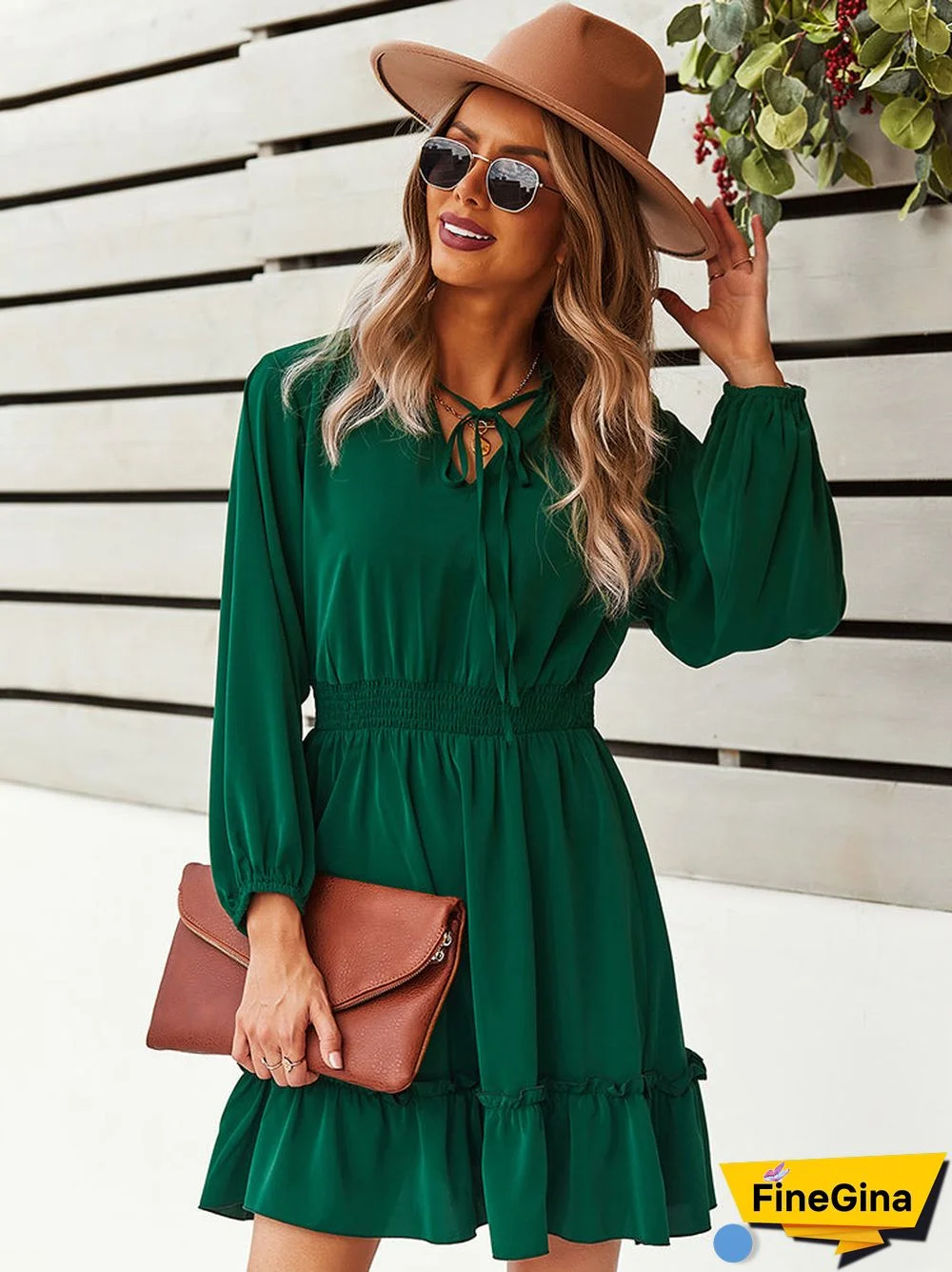 Elastic Waist Long Sleeve V Neck Mini Dress