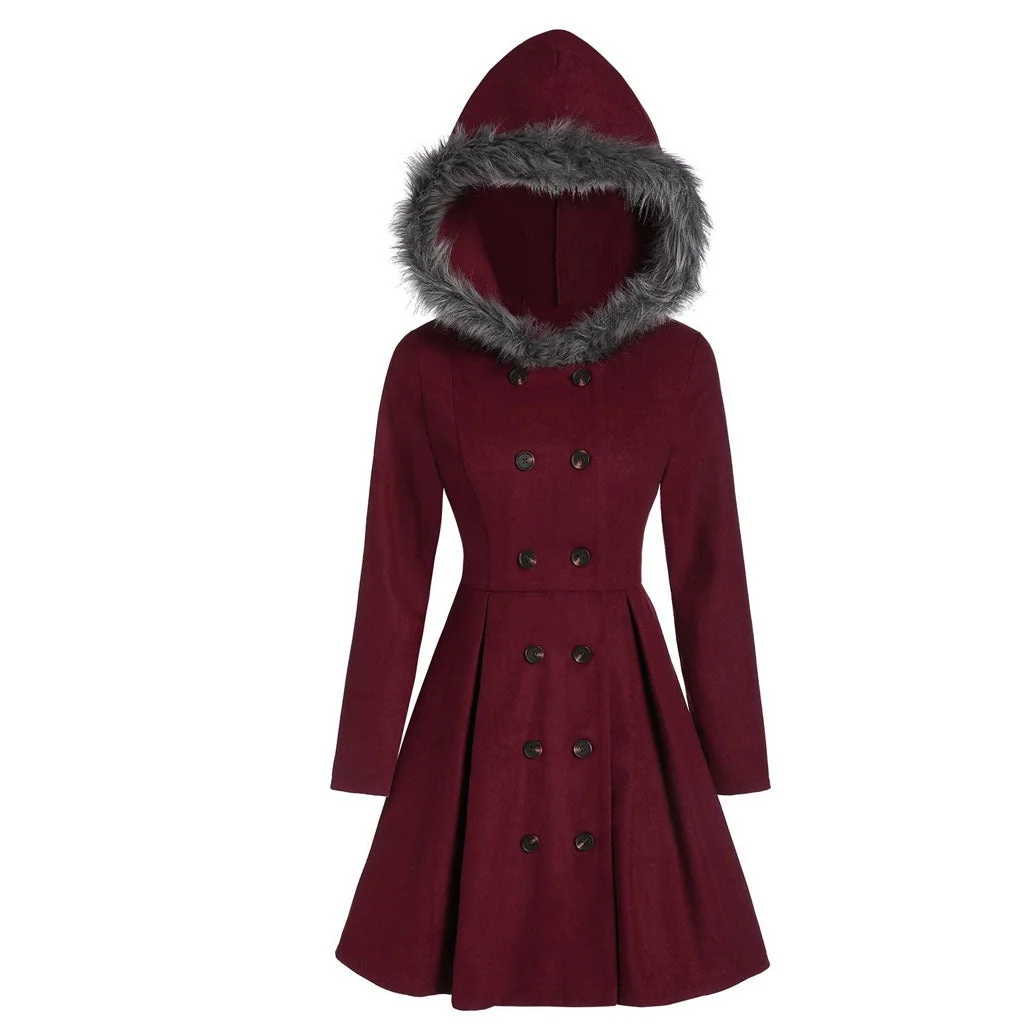 Women's Winter Coat Double Breasted Faux Fur Midi Hooded Dress