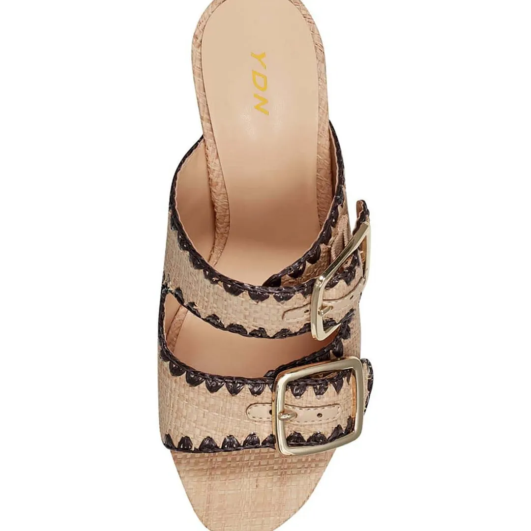 Khaki Open Round Toe Double Buckle Strap Chunky Heel Slide Sandals