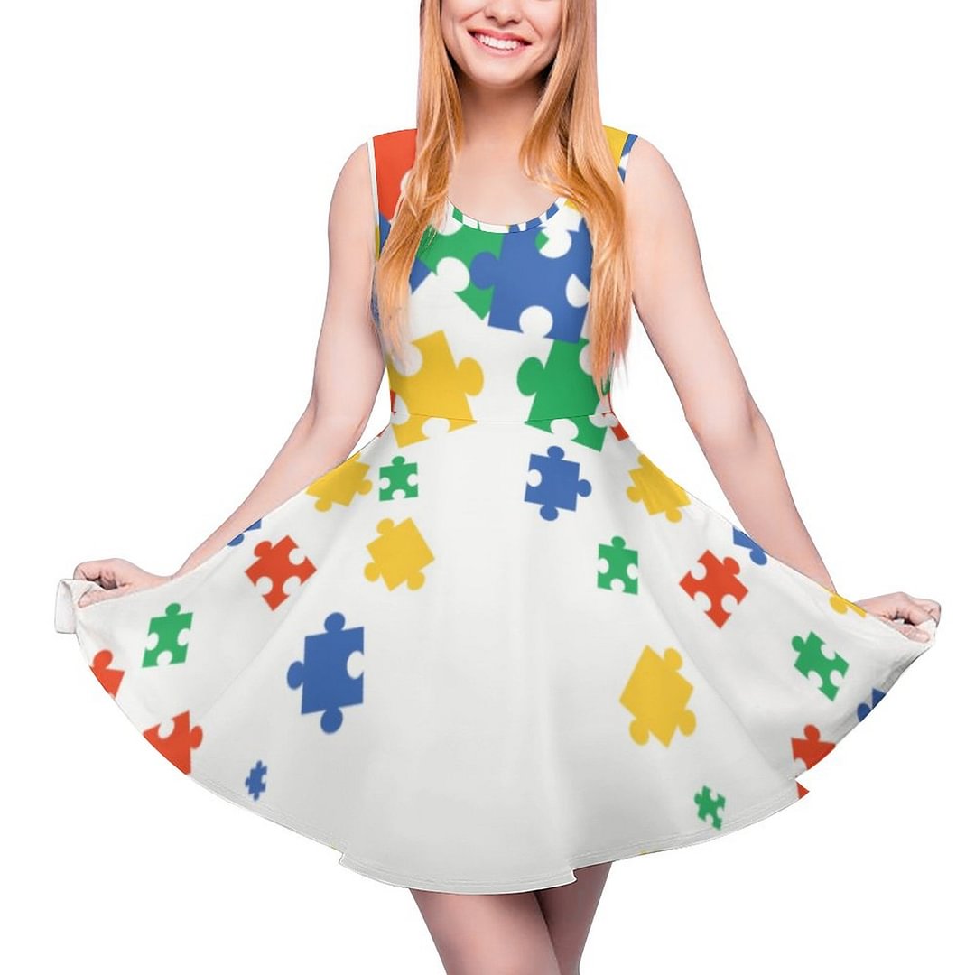 Autism Awareness Colorful Puzzle Pieces Women Sleeveless Scoop Neck A-Line Skater Sundress Summer Flare Midi Tank Sun Dress