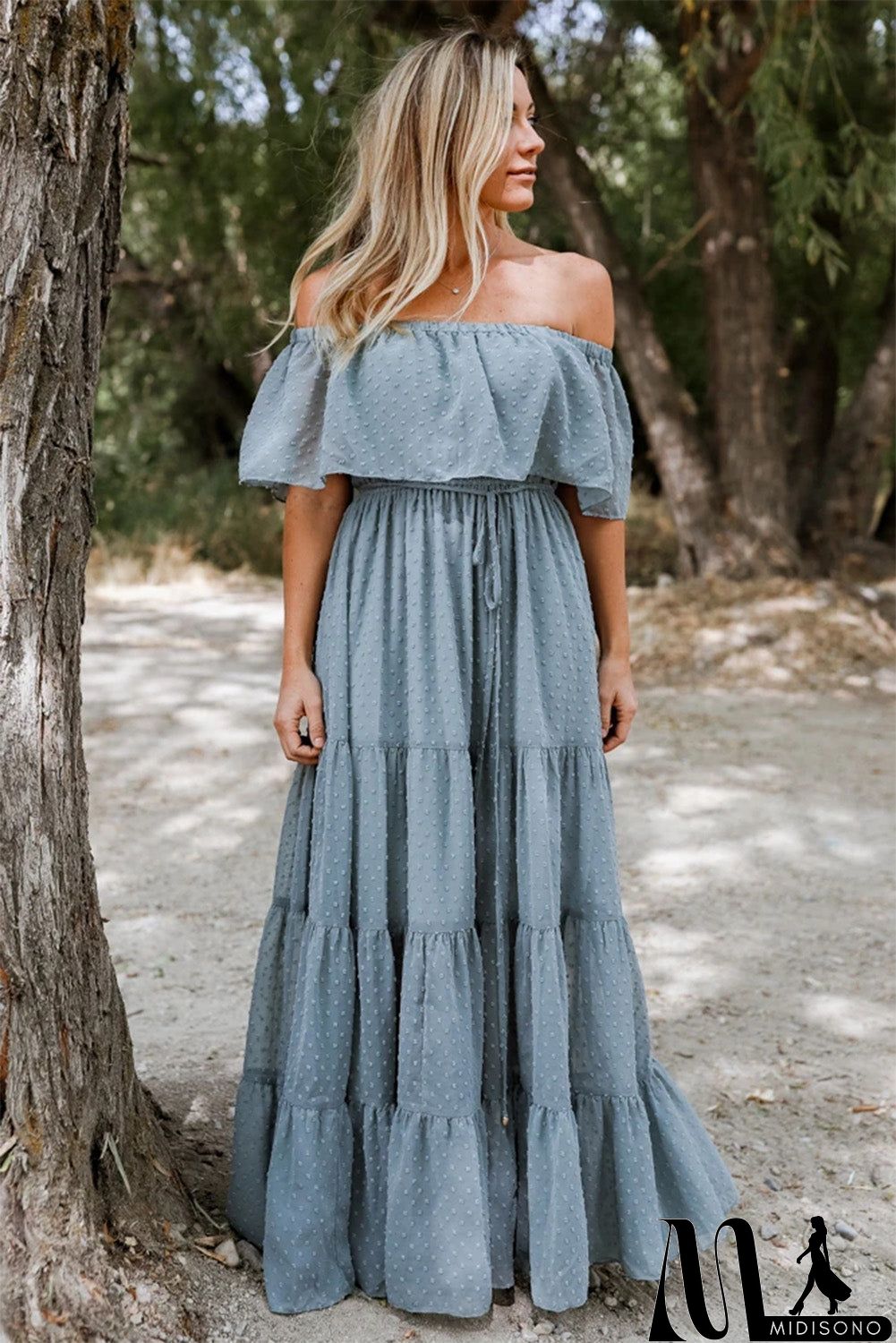 MidiSono - Rust Red Off Shoulder Ruffle Swiss Dot Maxi Dress