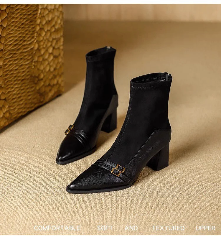 Yyvonne Brown Short Boots Women Thick And 2025 Autumn And Winter New Splicing Elastic Thin Boots Tips 6CM High Heels