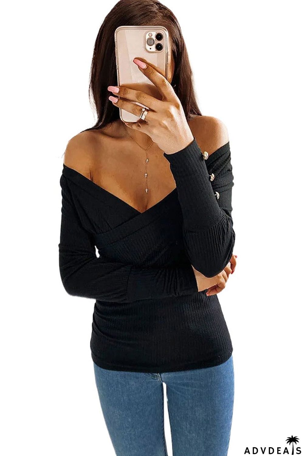 V Neck Ribbed Textured Pleated Top with Buttoned Long Sleeves
