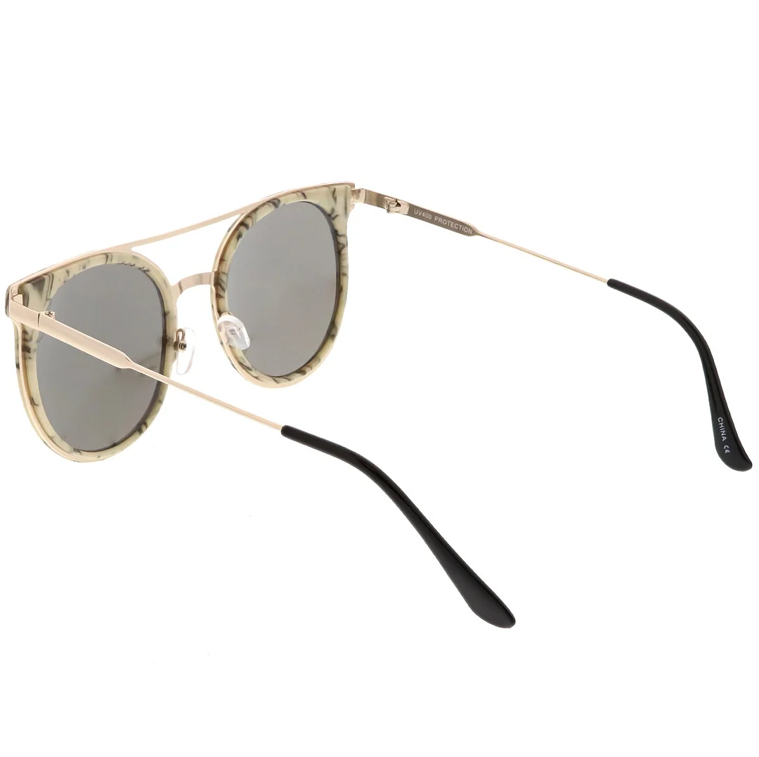 Modern Horn Rimmed glasses Sleek Double Nose Bridge Round Color Mirrored Lens 51mm