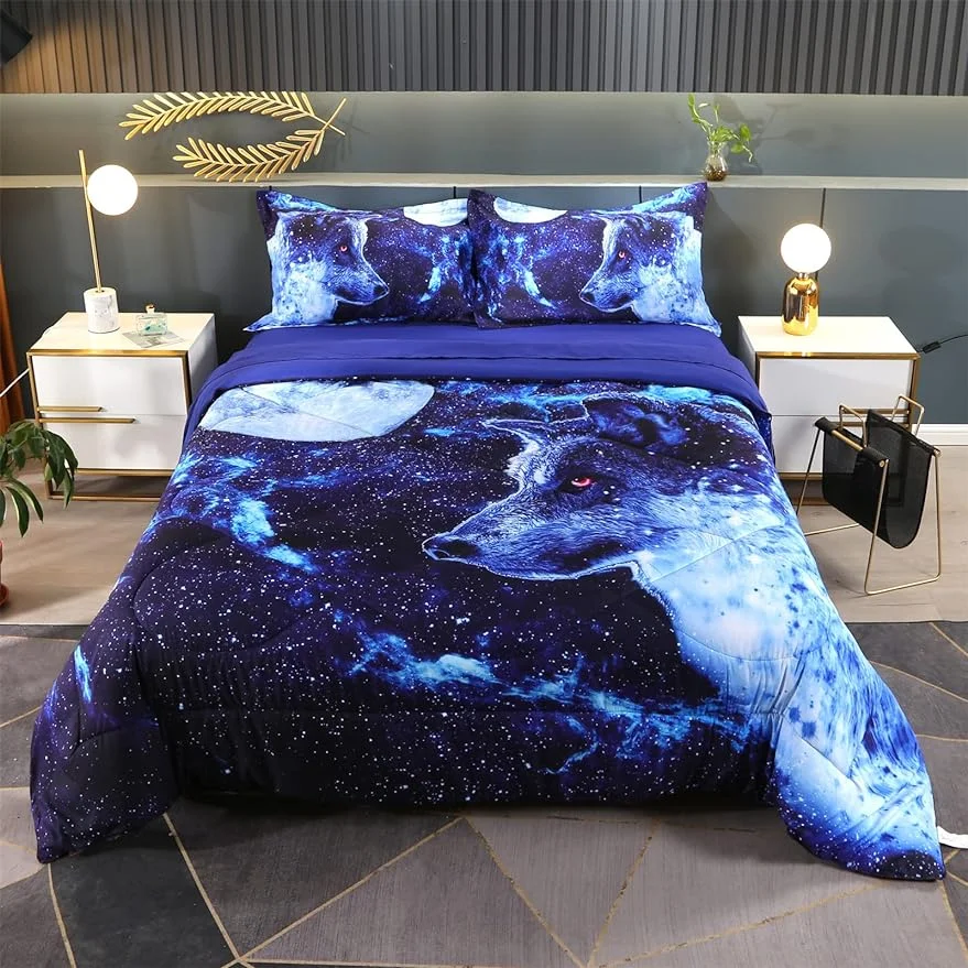 Wolf Bedding Set for Boys and Girls Twin, Premium 3D Wolf Comforter Set Blue Moon Night Theme, Comfortable and Breathable for Children