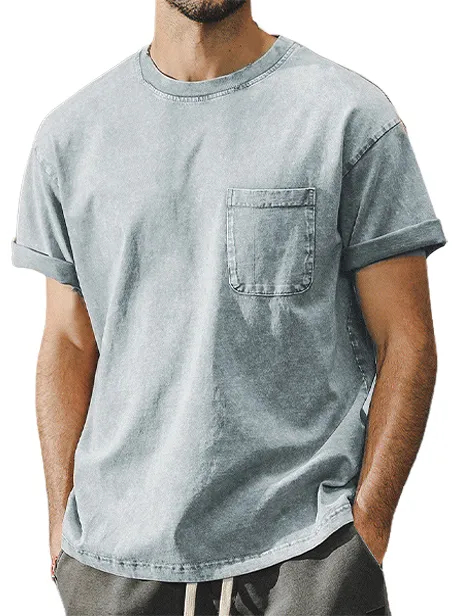 Men's Washed Distressed Pocket Crew Neck T-shirt PLUSCLOTHESMAN