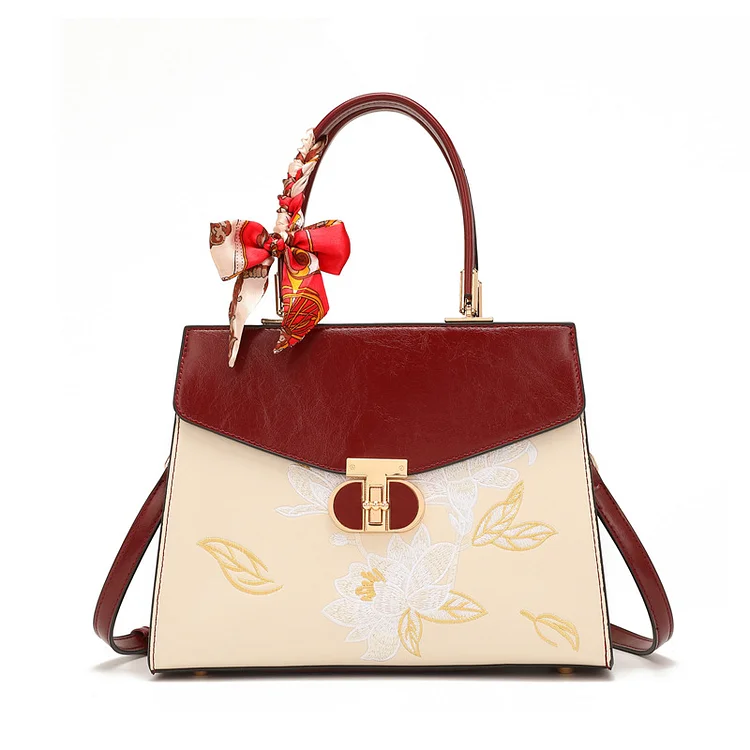 Chinese style embroidery oil wax leather red bag