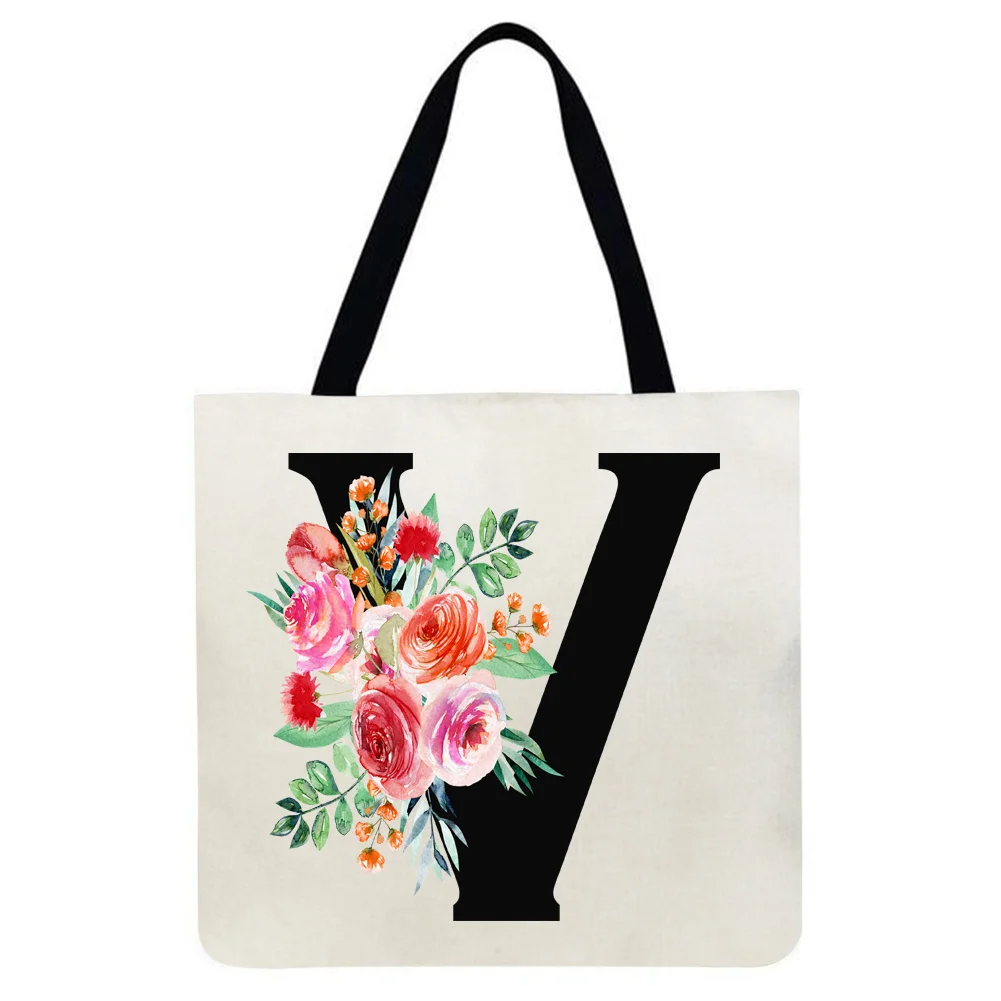 Linen tote bag-Alphabet flowers
