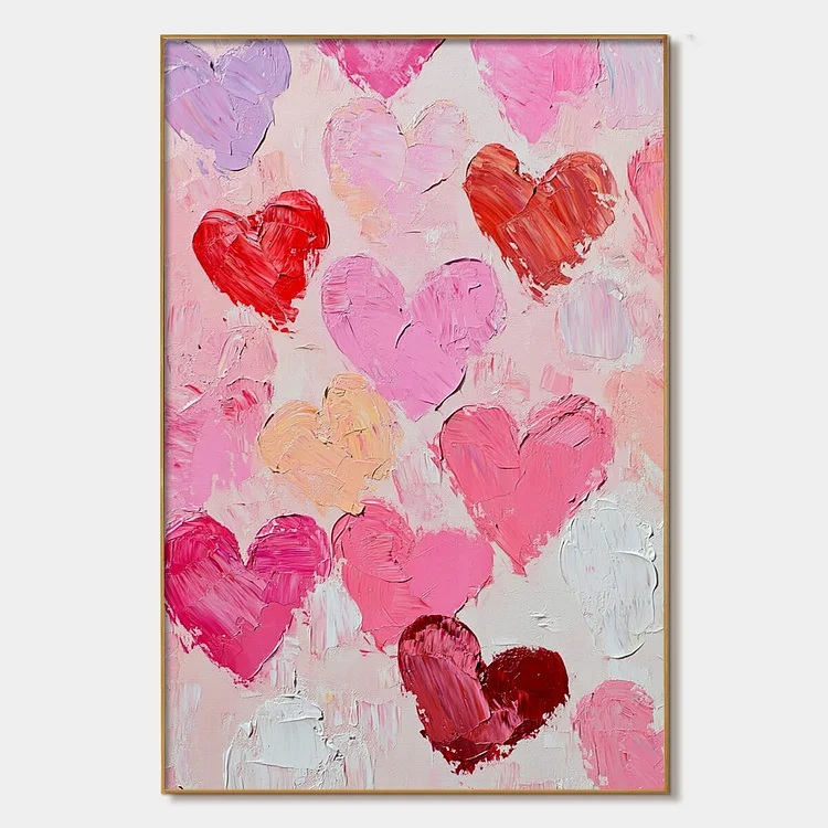 FLUTTERING HEARTS: Colorful Impasto Abstract Oil Painting of Hearts（Canvas painting）
