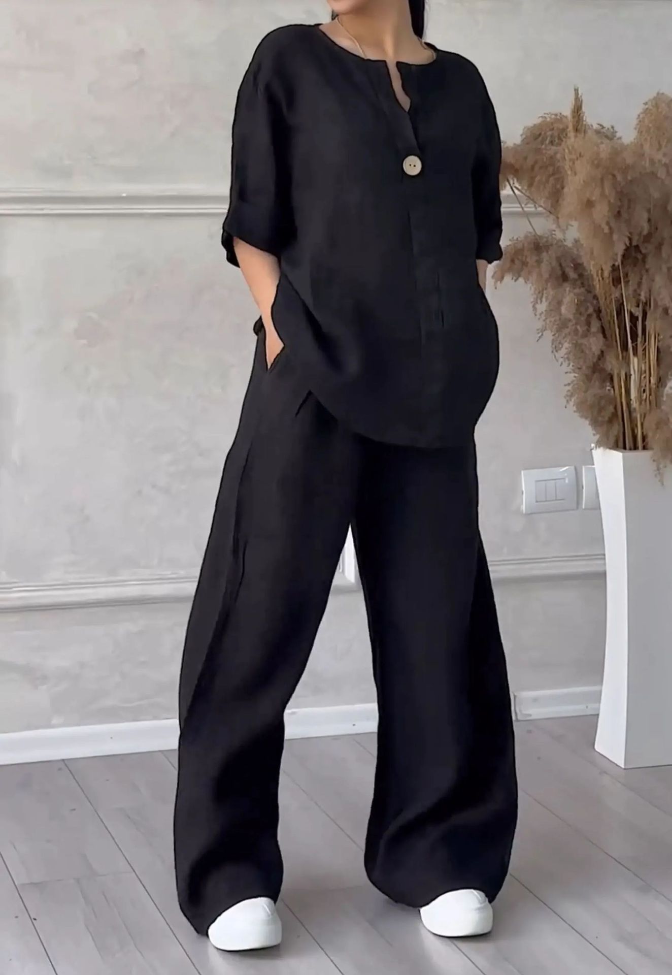 Pinsballz New Women's V-neck Button Up 9-quarter Sleeve Loose Top Plus Size Cotton And Linen Shirt Solid Color Set High Waist Loose Pants
