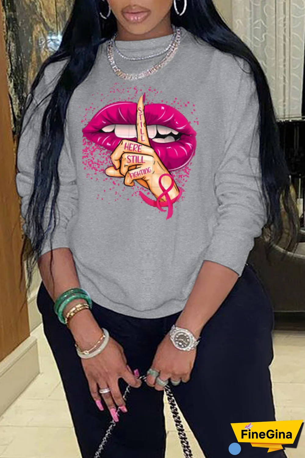 Blue Casual Street Lips Printed Patchwork O Neck Tops