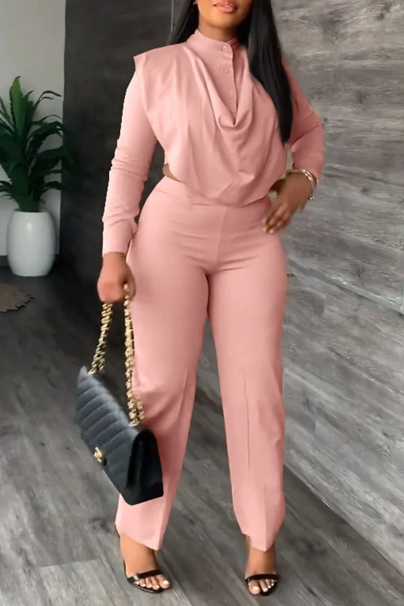 Pink Casual Work Solid Patchwork Buttons O Neck Long Sleeve Two Pieces