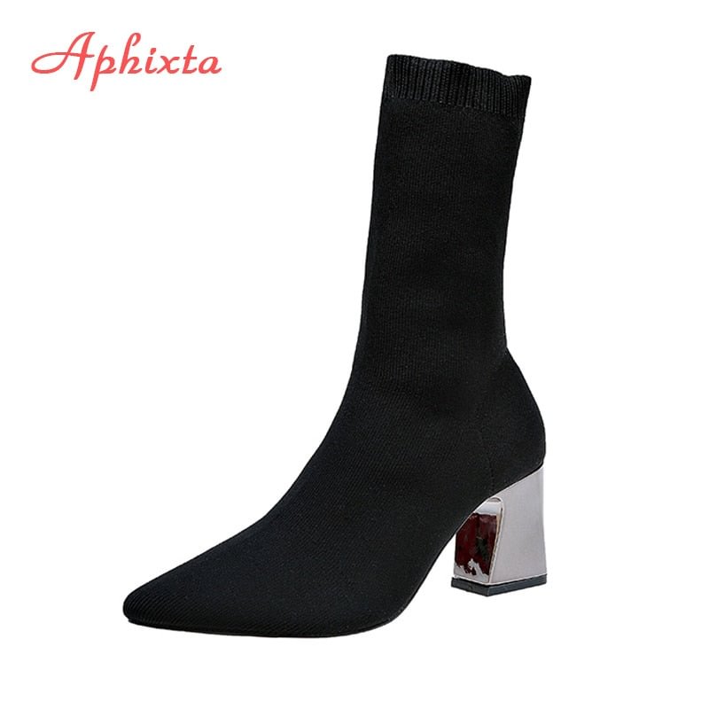 Aphixta Metal Color 7cm Square Heels Socks Boots Women Big Size 43 Stretch Fabric Elastic Pointed Toe Shoes Ankle Boot Woman